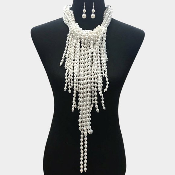 Elegant Statement Fringe Chunky Pearl Necklace Set - Picture 3 of 4